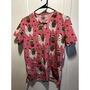 Scrubaid Womens Christmas Holiday Scrub Top Llamas Santa Hat Cactus Medium